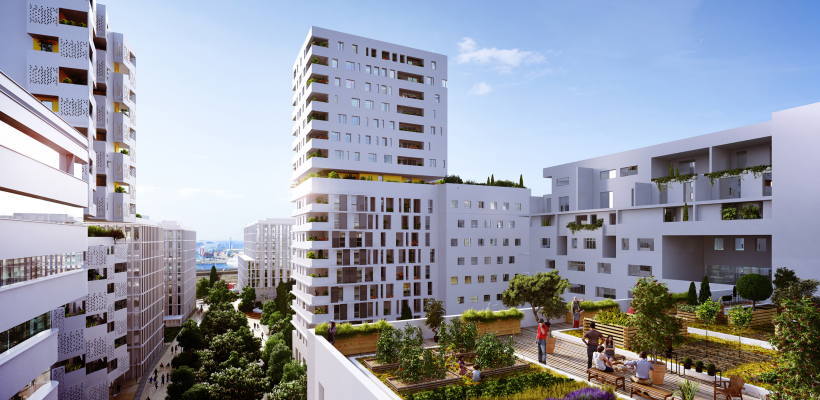 Dans l’EcoQuartier Smartseille, le groupe Eiffage teste plusieurs solutions constructives notamment en toiture pour développer les usages partagés et la convivialité au sein du quartier : les terrasses proposent des parties accessibles et d'autres végétalisées. 