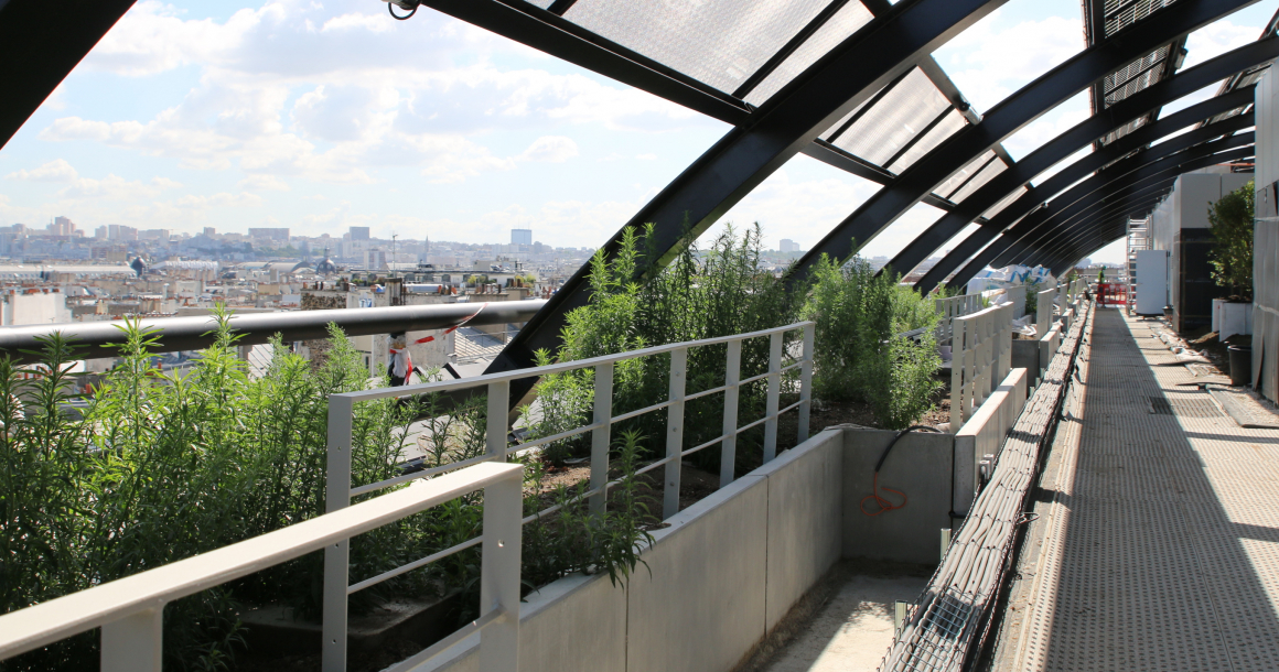 De l’extérieur vers l’intérieur, la toiture-terrasse du bâtiment est agrémentée de jardinières en périphérie, d’une ceinture circulable en platelage bois et du jardin arboré côté cours.