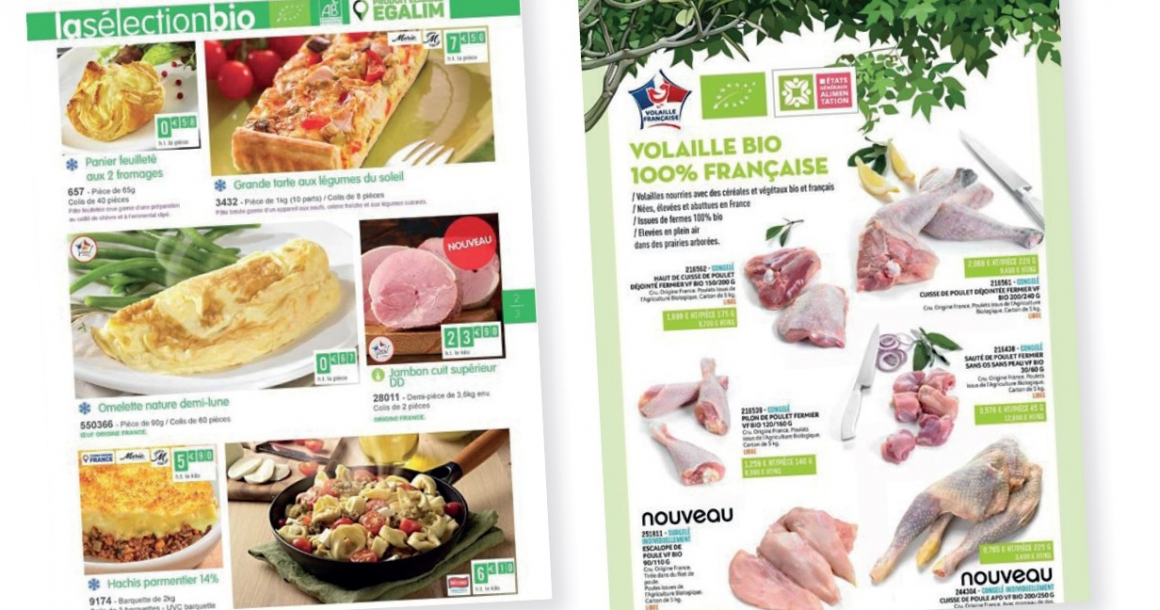 Pages de produits bio tirées de catalogues de distributeurs en CHD.