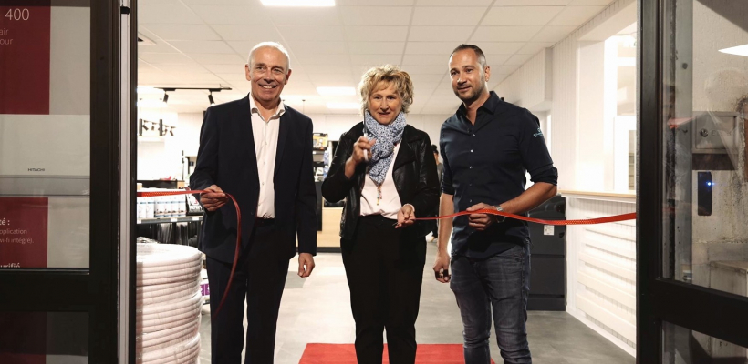 Patrice MALONNI (Président délégué de HRC Environnement / Solipac), Edouard MOLTISANTI (Responsable de l’agence de Solipac Chambéry) et Pierre BERRY (Directeur Hitachi Cooling & Heating France) étaient  présents pour couper le ruban rouge.