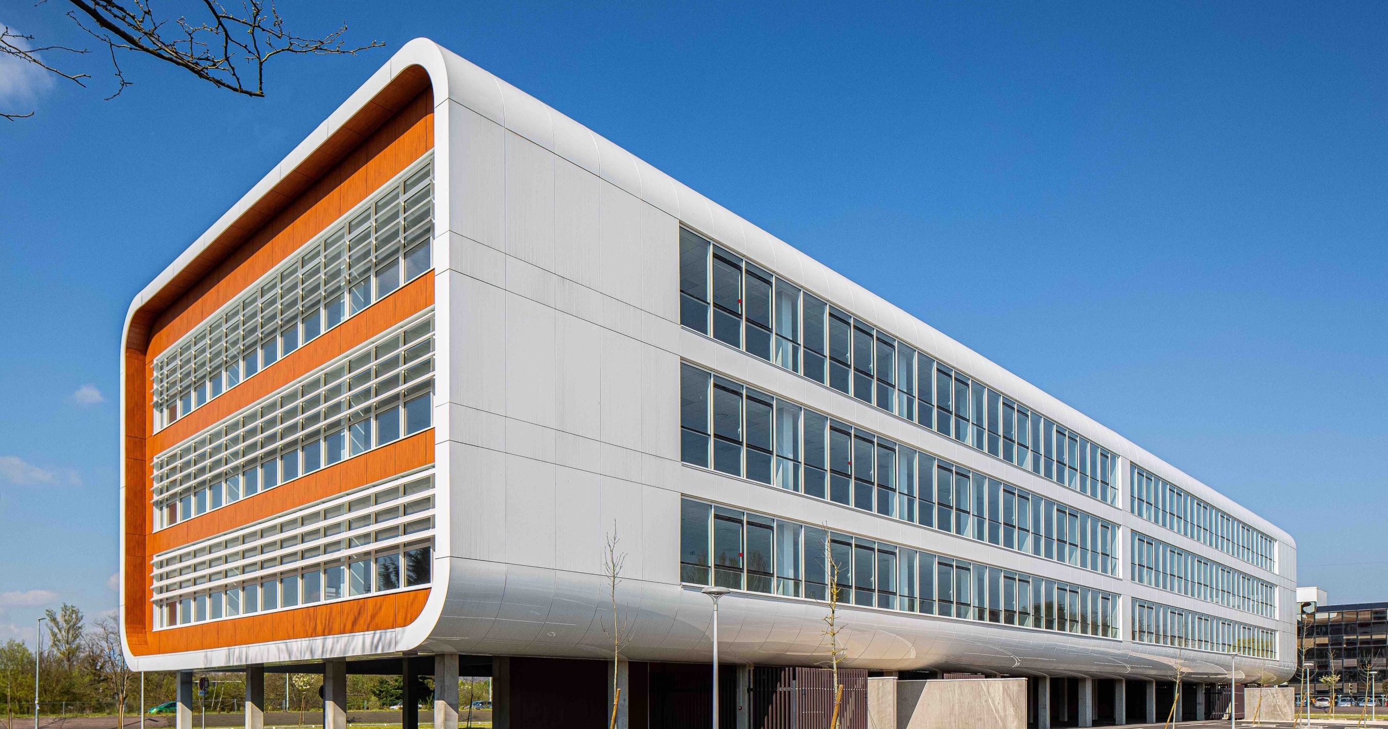 Lignes épurées, couleurs claires et aspect bois composent les façade de l'immeuble de bureaux Sodify à Toulouse. 