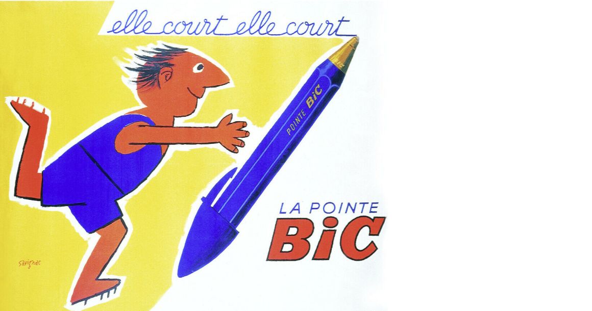 Marcel Bich, fondateur de Bic, s'associe à Raymond Savignac pour créer en 1952 la campagne publicitaire visant à promouvoir le stylo bille. En 1960, le personnage à tête de bille deviendra l’emblème de la marque.