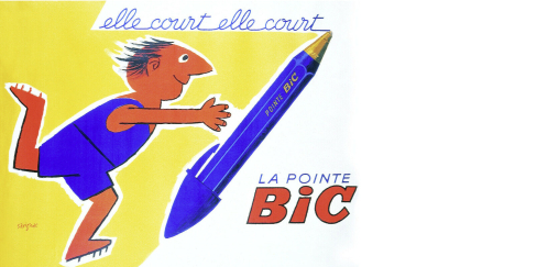 Marcel Bich, fondateur de Bic, s'associe à Raymond Savignac pour créer en 1952 la campagne publicitaire visant à promouvoir le stylo bille. En 1960, le personnage à tête de bille deviendra l’emblème de la marque.