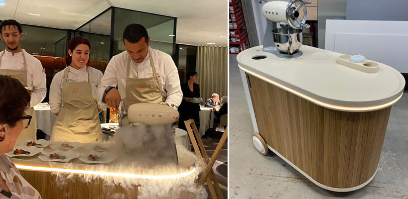 Image gauche : Comme un véritable spectacle le chariot à glace du JY’S permet de préparer bien plus qu’un simple dessert. Ce que propose ici le Chef pâtissier Kevin lopes, c’est une expérience immersive grâce au chariot conçu par Le Cornec ! / Image droite : Le chariot à glace du JY'S à l'atelier- réalisation Le Cornec