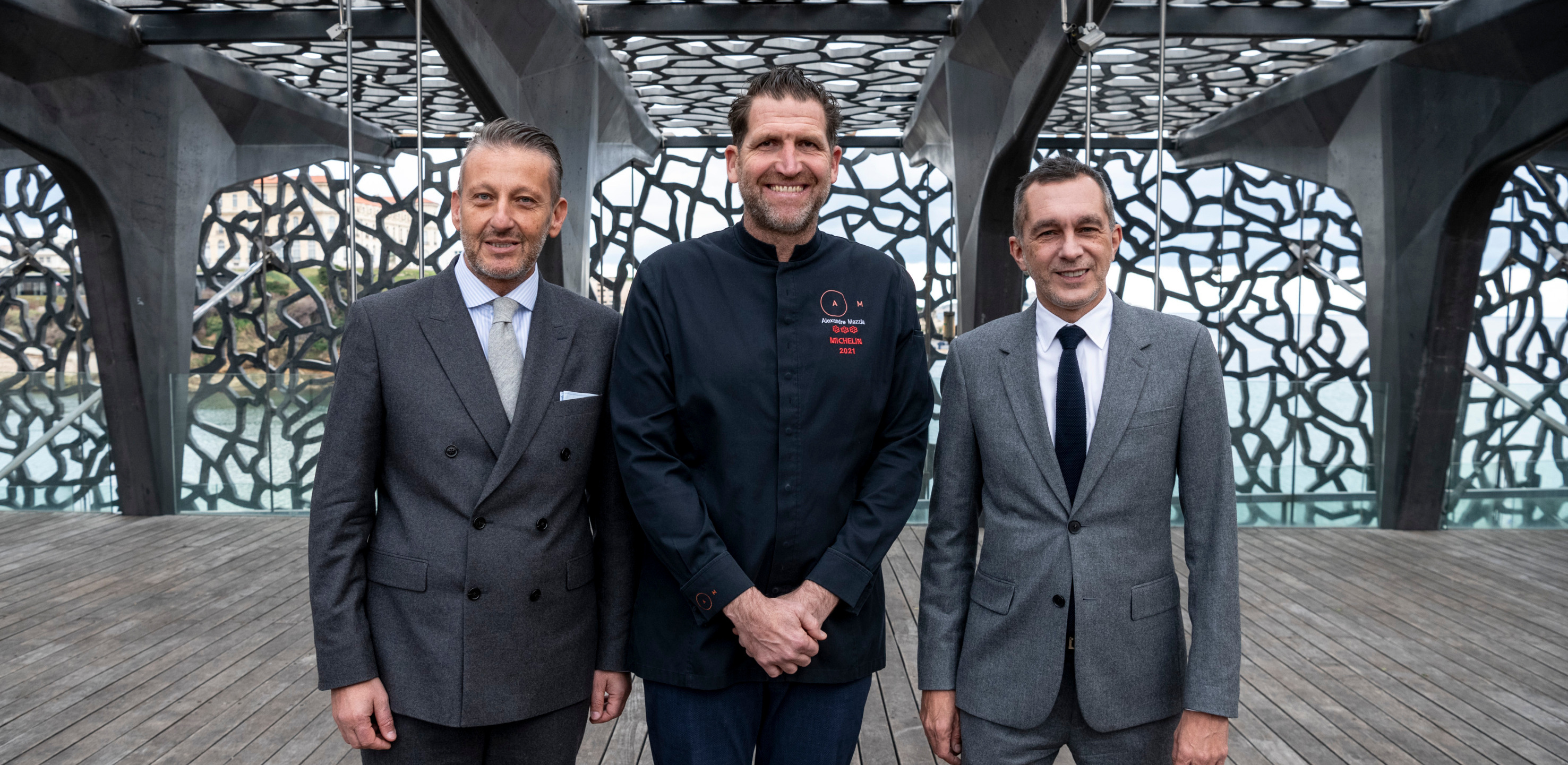 De gauche à droite : Franck Chanevas, Directeur Général Sodexo Live! France et Lenotre, , le Chef Alexandre Mazzia & Pierre-Olivier Costa, Président du Mucem