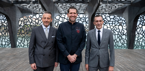 De gauche à droite : Franck Chanevas, Directeur Général Sodexo Live! France et Lenotre, , le Chef Alexandre Mazzia & Pierre-Olivier Costa, Président du Mucem