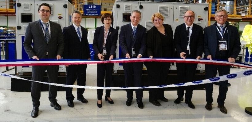 De gauche à droite : Gilles Donnat, DG Carrier France; Richard Johns, consul des Etats-Unis à Lyon; Chantal Mauchet, préfète de l’Ain; Didier Genois, vice-président et DG Commercial HVAC EMEA Carrier; Stéphanie Pernod, 1e vice-présidente de la région AURA; Jean Deguerry, président du département de l’Ain; Philippe Belair, président de la communauté de communes de la Côtière et adjoint au maire de Montluel.