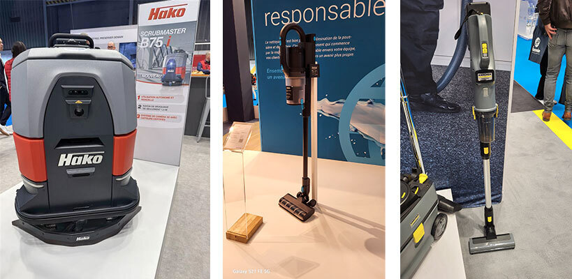 1.Pour la première fois, Hako présentait la station d'accueil de son autolaveuse autonome  Scrubmaster B75i.2. Le balai-aspirateur sans fil S1 était présent sur le stand de Nilfisk. 3. Le LVS 1/2 Bp, sans sac de Kärcher est un aspirateur sans fil conçu pour l'entretien des petites surfaces et espaces restreints.