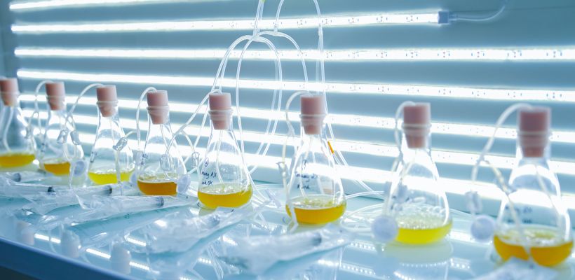 Capacité de production actuelle d'Alga Biologics de l'échelle Laboratoire au pilote de 200 litres.