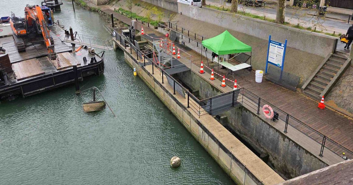 Depuis le 11 mars 2026, VNF intervient sur le chantier de modernisation de la passe à poissons et à anguilles du barrage de Saint-Maurice (94).