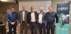 Les responsables d'Irium Software et du Groupe Isagri lors de la présentation des déclinaisons de Nistia : Frédéric Chaillot (Groupe Isagri), Olivier Murguet (Irium Software), Hotman Hozman (Irium Software), Mathieu Savalle (Groupe Isagri) et Bertrand Souveille (Irium Software).